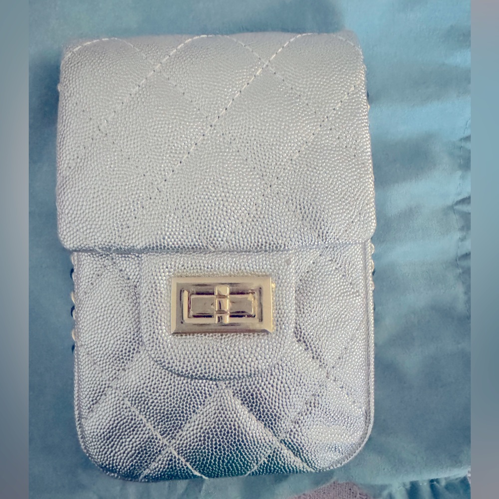 NWT Tiffany & Fred Silver Caviar Leather crossbody bag with Pearl chain